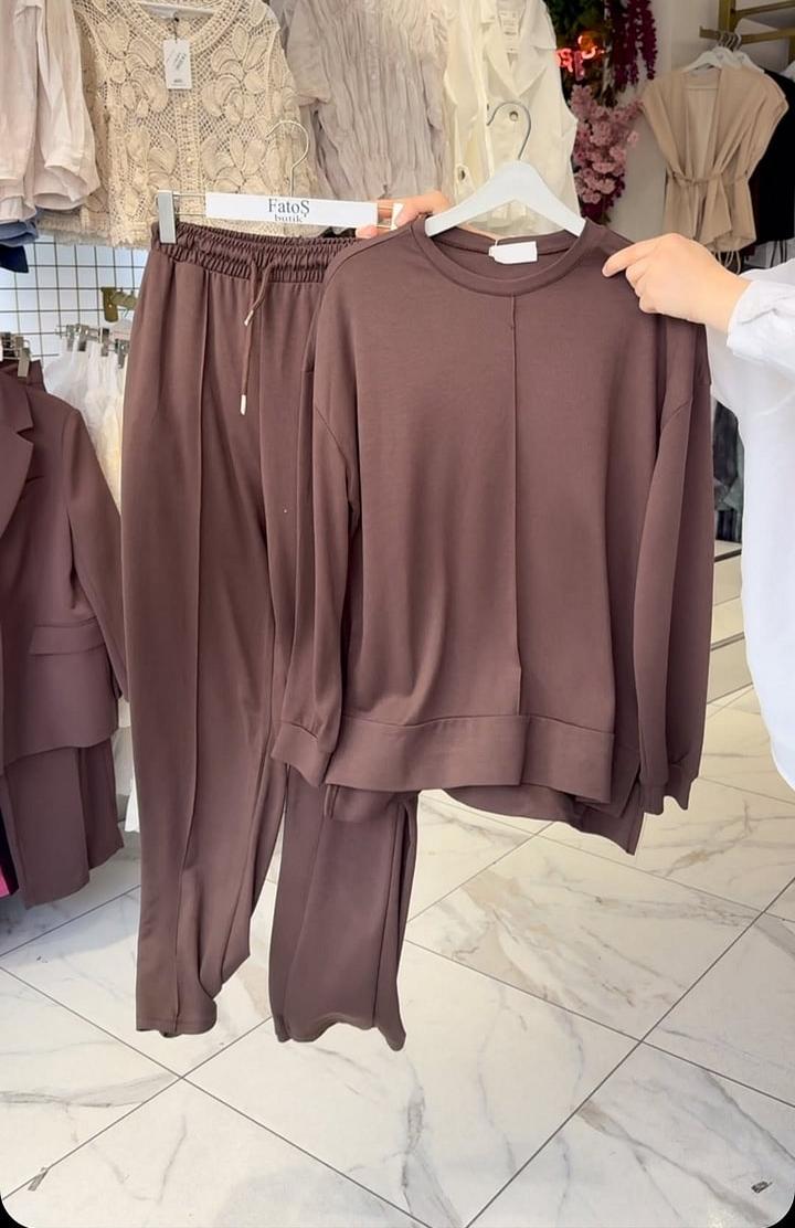Conjunto de pantalon de cotton de pantalon de algodón de larga y cuello roundo para mujer-ES