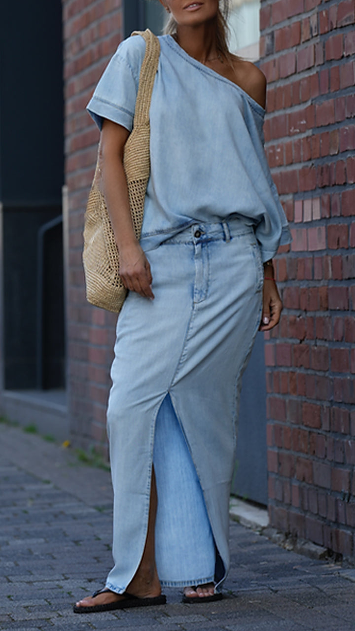 Γυναικείο Casual Κοστούμι με Στρογγυλή Λαιμόκοψη σε Χρώμα Tencel Denim-GR