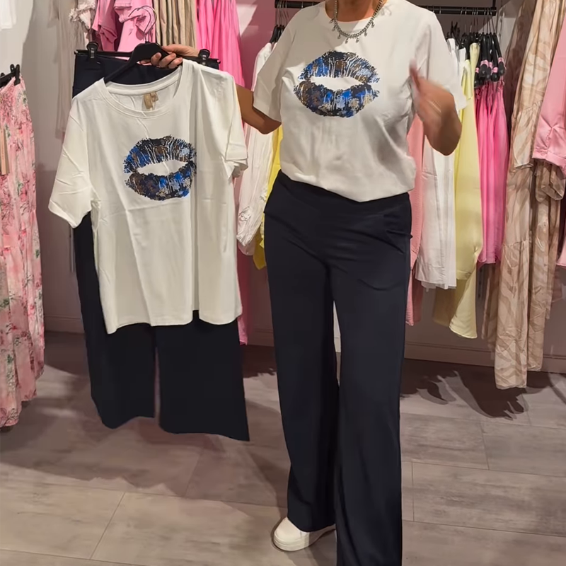 Ženski dvodelni komplet s potiskom, topom in hlačami-SI