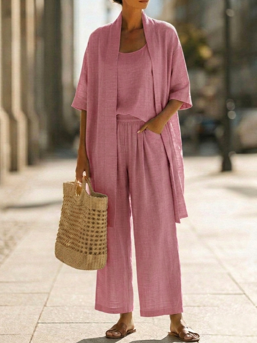 Conjunto minimalista de tres piezas de lino y algodón: cómodo para el uso diario.-ES