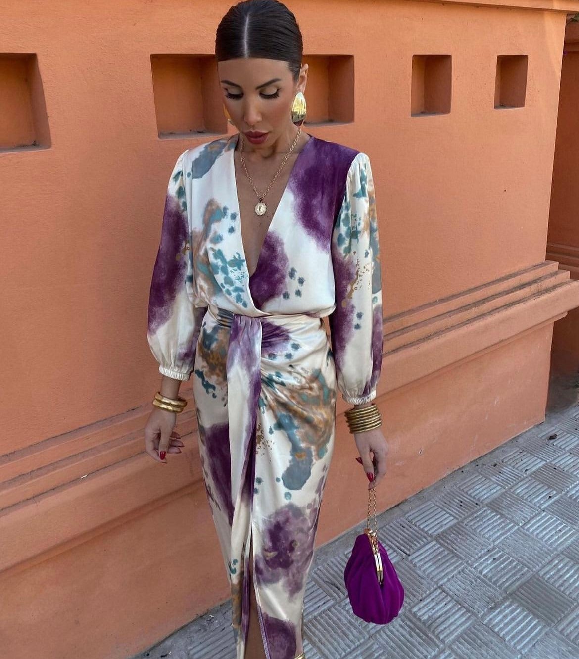 Κομψό μωβ φόρεμα με V λαιμόκοψη💜-GR