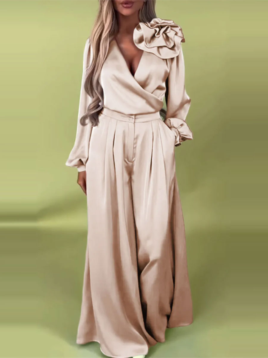 Πολυτελές σετ με σατέν πουκάμισο και φαρδύ παντελόνι-GR