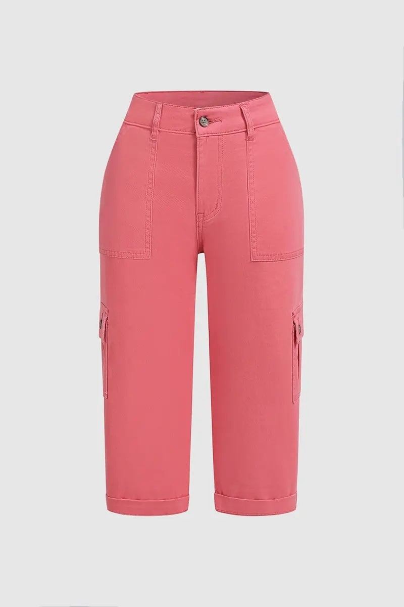 Παντελόνι κάπρι με τσέπες και ψηλή μέση, πιέτες στο κάτω μέρος και αρκετές τσέπες-GR