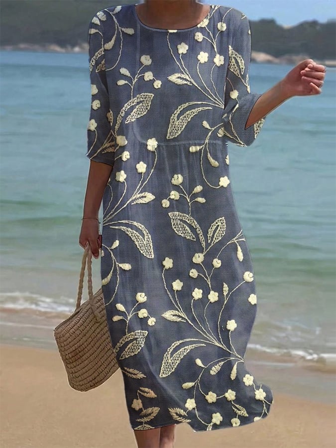 Ženska enobarvna obleka iz bombaža in lana z okroglim izrezom in polcvetličnim vzorcem-SI