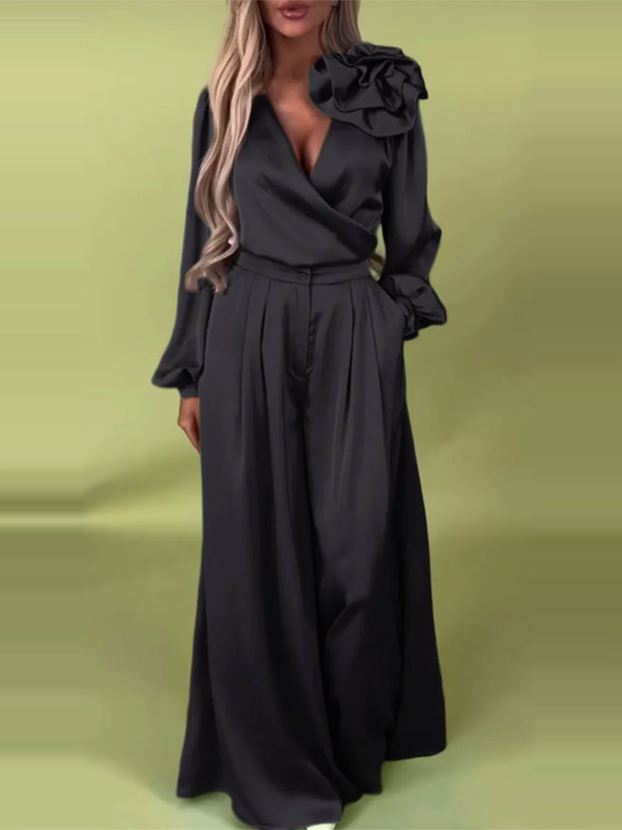 Πολυτελές σετ με σατέν πουκάμισο και φαρδύ παντελόνι-GR