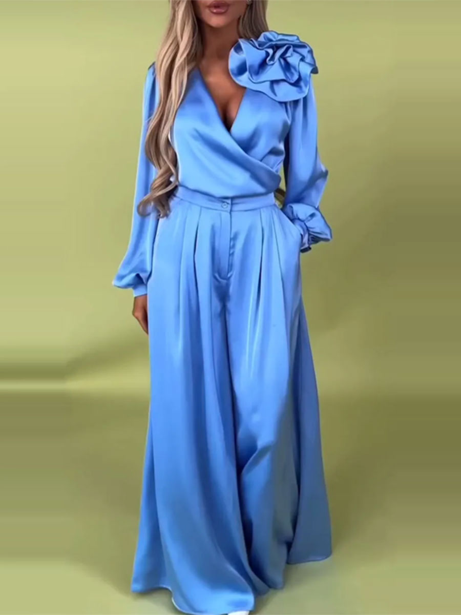 Πολυτελές σετ με σατέν πουκάμισο και φαρδύ παντελόνι-GR