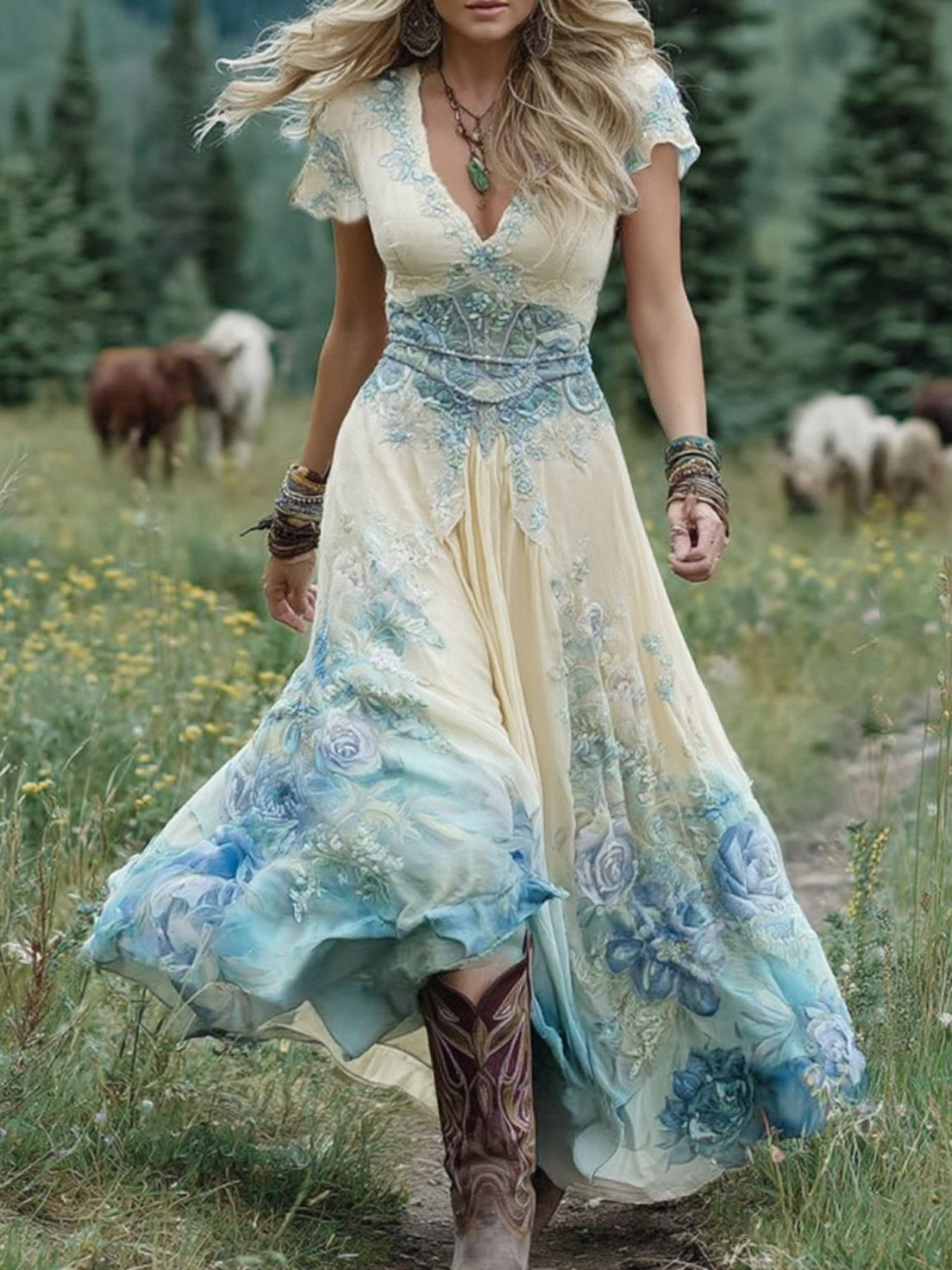 Elegante vestido largo corto en tonos morados y lavanda con estampado floral.-ES