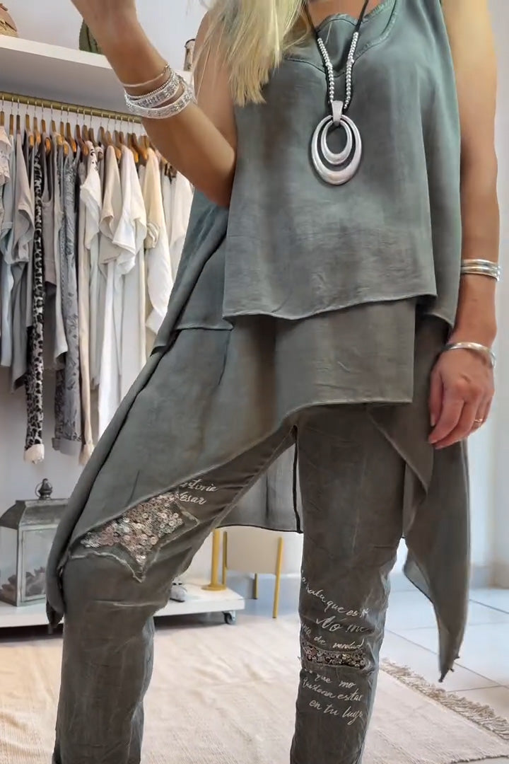 Γυναικείο ακανόνιστο μονόχρωμο μονόχρωμο στρογγυλό αμάνικο παντελόνι με εμπριμέ διπλό κάτω μέρος-GR