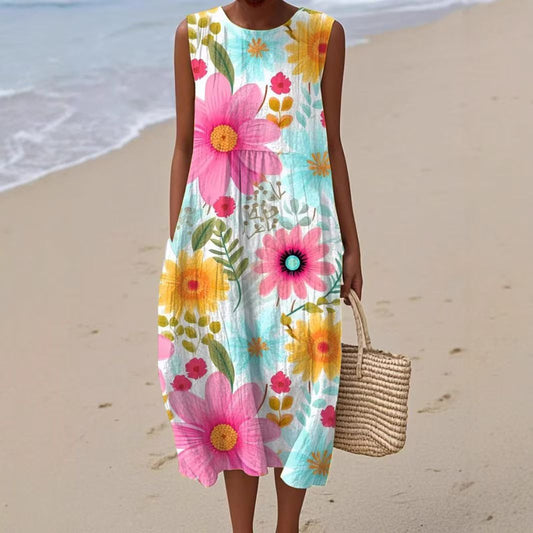 Γυναικείο καλοκαιρινό αμάνικο φόρεμα με στρογγυλή λαιμόκοψη-GR