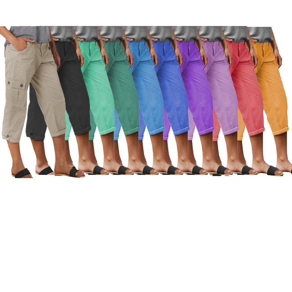 Παντελόνι κάπρι με τσέπες και ψηλή μέση, πιέτες στο κάτω μέρος και αρκετές τσέπες-GR