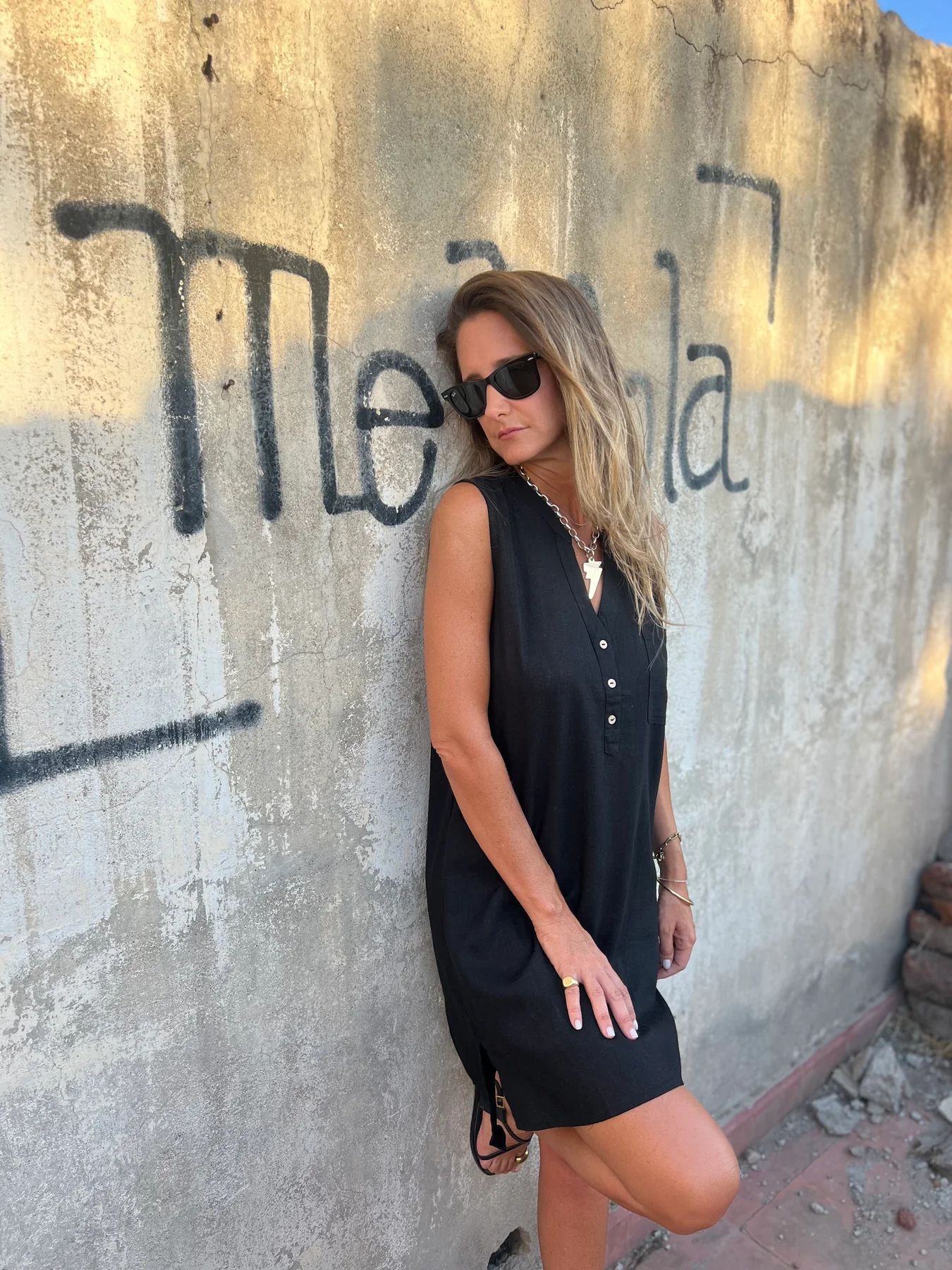 Ženska enobarvna bombažna in lanena obleka-SI