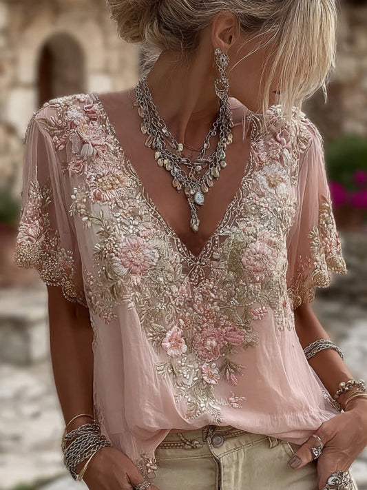 Γυναικείο κοντομάνικο μπλουζάκι με V λαιμόκοψη και φλοράλ κέντημα, από μείγμα λινού-GR