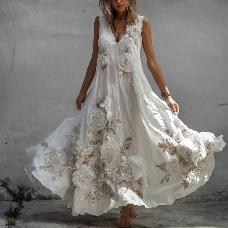 Vintažinė lininė maksi suknelė su baltų rožių raštu-LT