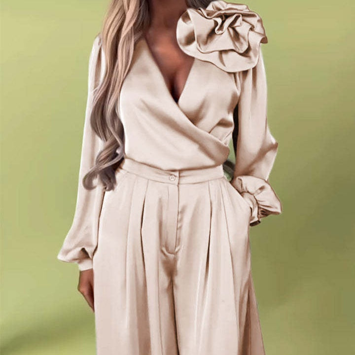 Πολυτελές σετ με σατέν πουκάμισο και φαρδύ παντελόνι-GR