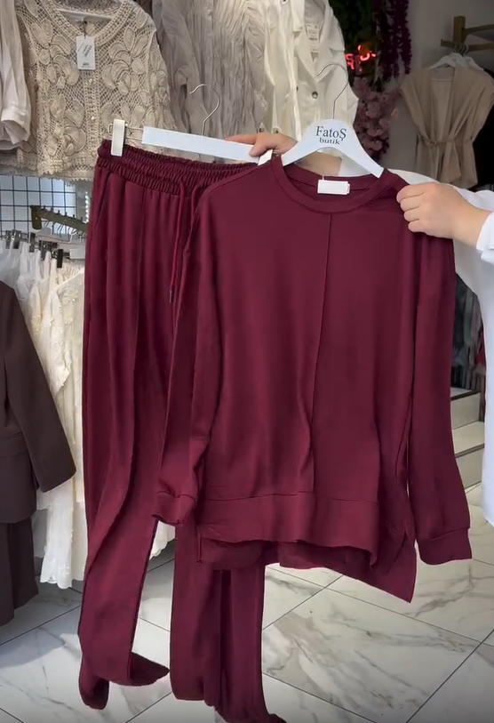 Conjunto de pantalon de cotton de pantalon de algodón de larga y cuello roundo para mujer-ES