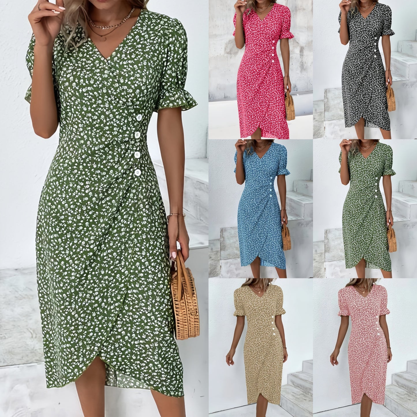 🌷Moteriška laisvalaikio obleka, apvyniojama obleka, gëllota obleka-LT 