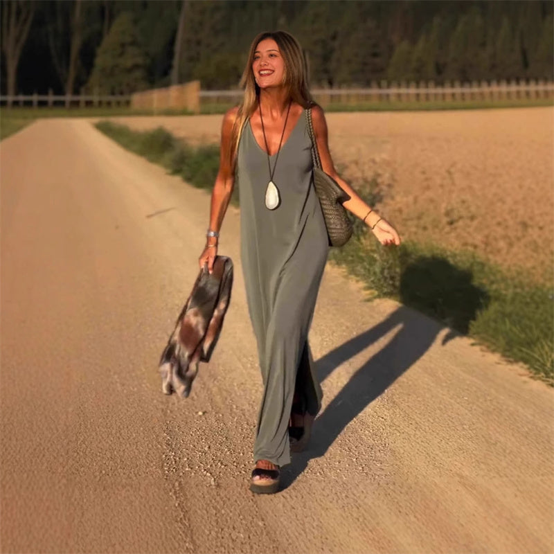 🔥👗Materiška maxi obleka su miela iškirpte-LT