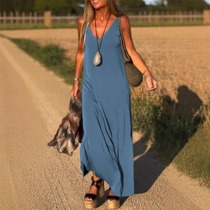🔥👗Materiška maxi obleka su miela iškirpte-LT