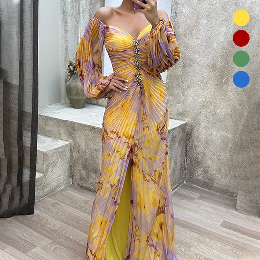 ✨【Lieknėjimo burtininkas】Moteriška suknelė be petnešėlių✨ | Patrauklus dizainas be petnešėlių | Klojuotos detalės | Iškirptas plyšys, patogios ilgos rankovės-LT