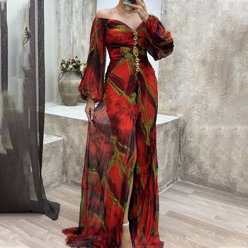 ✨【Lieknėjimo burtininkas】Moteriška suknelė be petnešėlių✨ | Patrauklus dizainas be petnešėlių | Klojuotos detalės | Iškirptas plyšys, patogios ilgos rankovės-LT