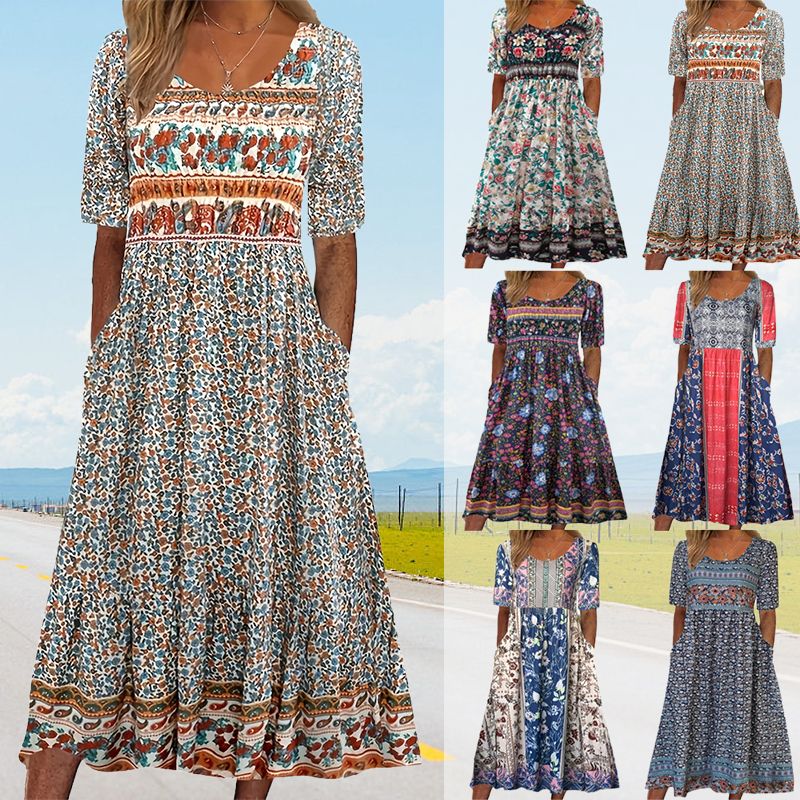 🌸 Elegantna ženska obleka z boho potiskom-SI