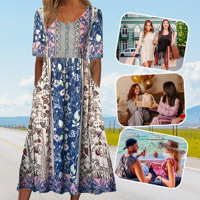 🌸 Elegantna ženska obleka z boho potiskom-SI