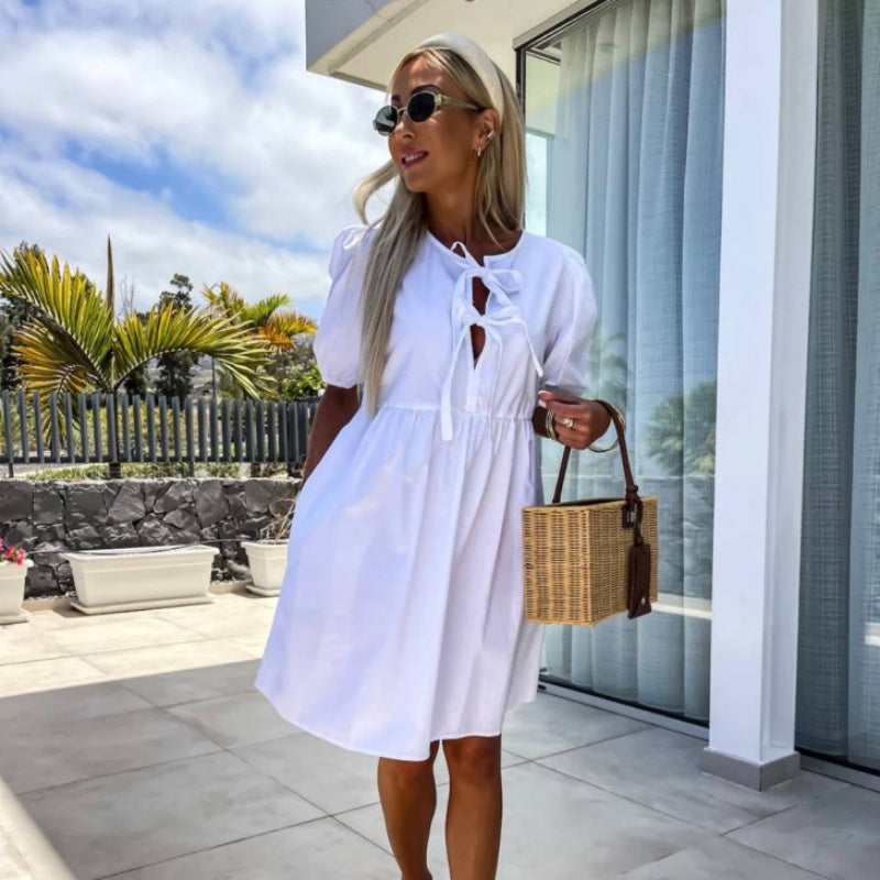 💕 Grynos spalvos suknelė pūstomis rankovėmis ir kaspinu priekyje-LT