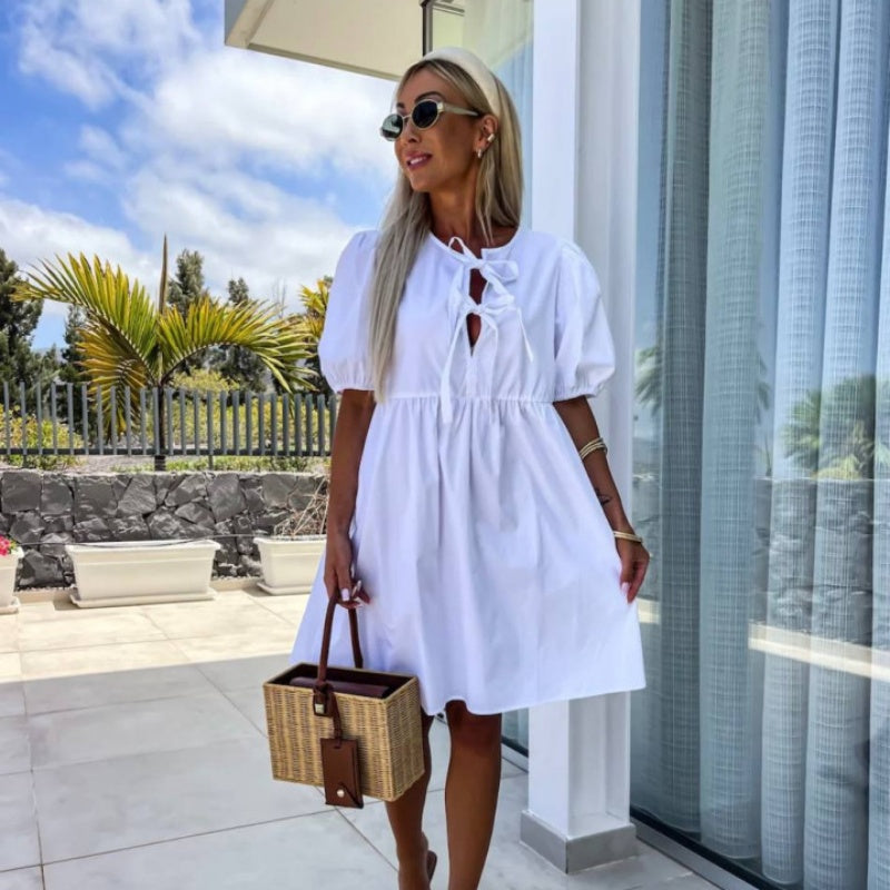 💕 Grynos spalvos suknelė pūstomis rankovėmis ir kaspinu priekyje-LT