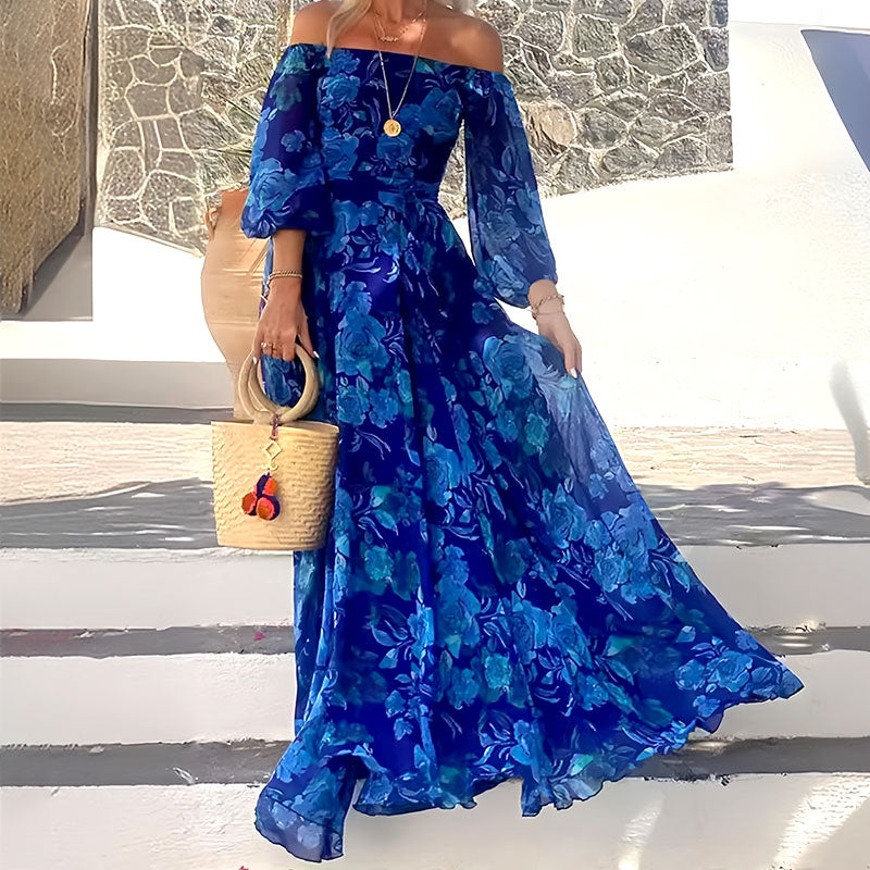 👗Elegantiška ilga suknelė be petnešėlių su kaskadiniais gėlių raštais-GR