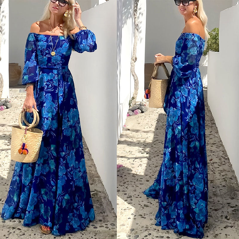 👗Elegantiška ilga suknelė be petnešėlių su kaskadiniais gėlių raštais-GR