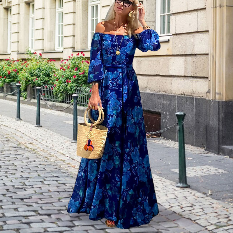 👗Elegantiška ilga suknelė be petnešėlių su kaskadiniais gėlių raštais-GR