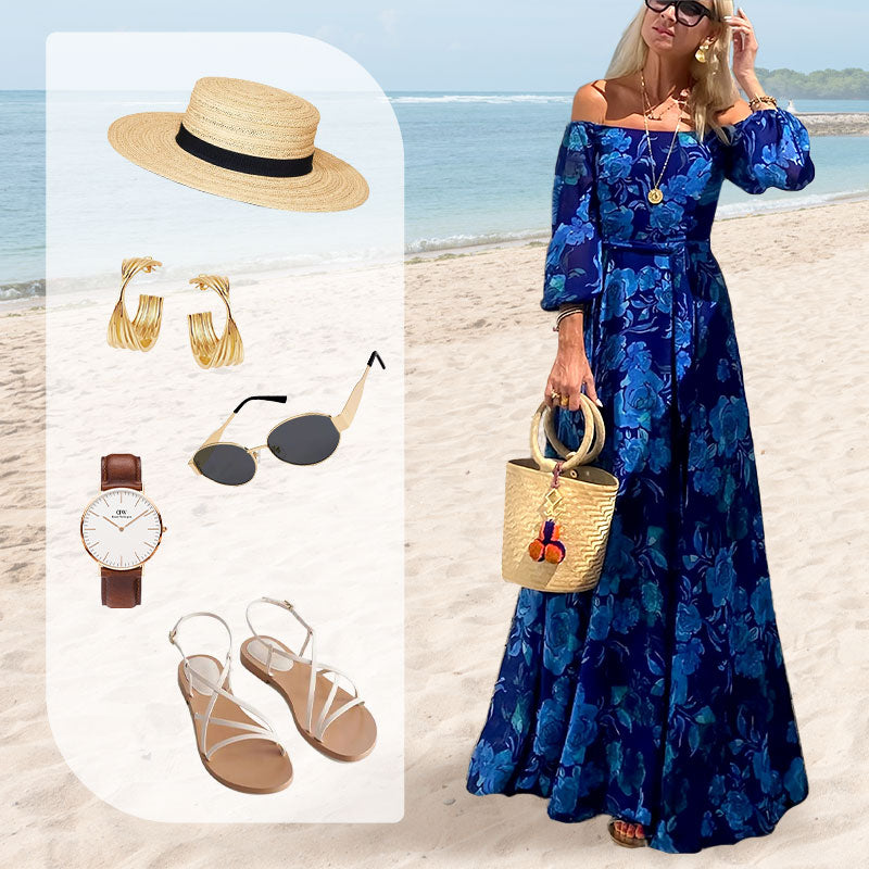 👗Elegantiška ilga suknelė be petnešėlių su kaskadiniais gėlių raštais-GR