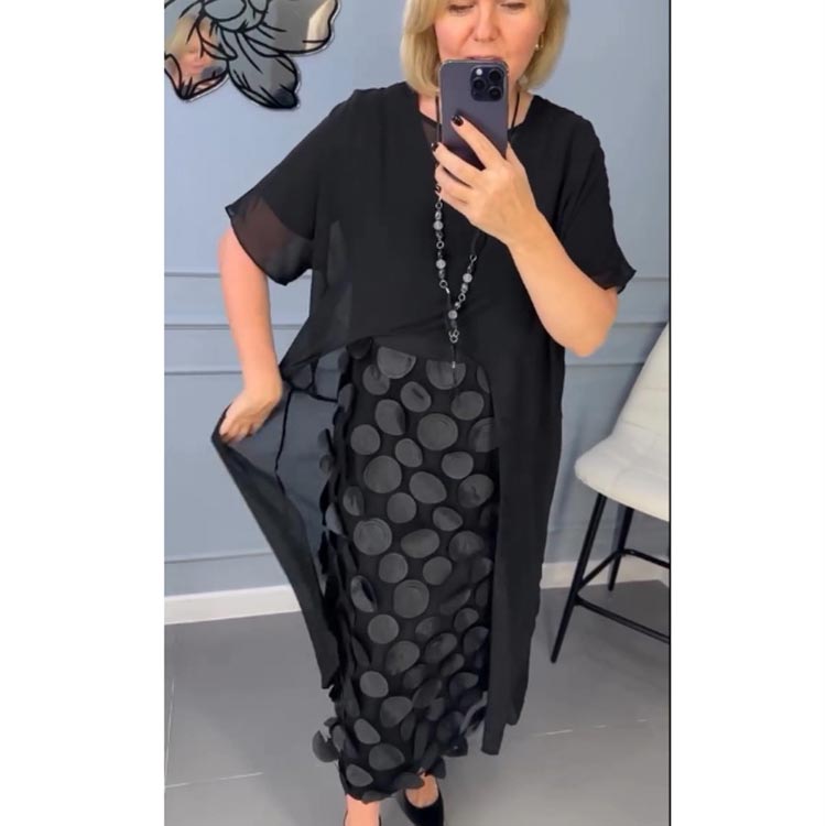 Γυναικείο κομψό μαύρο φόρεμα με λαιμόκοψη V και ακανόνιστο σακάκι, σετ δύο τεμαχίων-GR