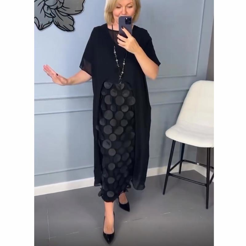 Γυναικείο κομψό μαύρο φόρεμα με λαιμόκοψη V και ακανόνιστο σακάκι, σετ δύο τεμαχίων-GR