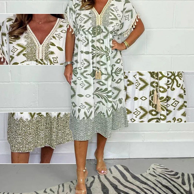 【S-4XL】💃Μακρύ φόρεμα με κρόσσια και δέσιμο-GR