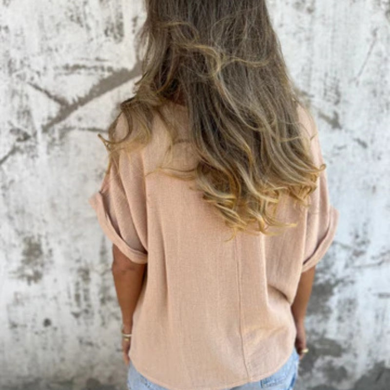 Vienspalvė palaidinė apvalia iškirpte trumpomis rankovėmis-LT