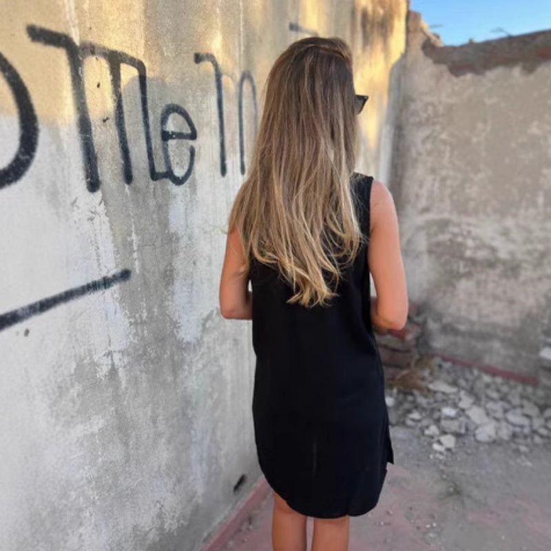 🔥Vienispalvė obleka su gilia V iškirpte, pasiūta iš medvilnės ir lino-LT