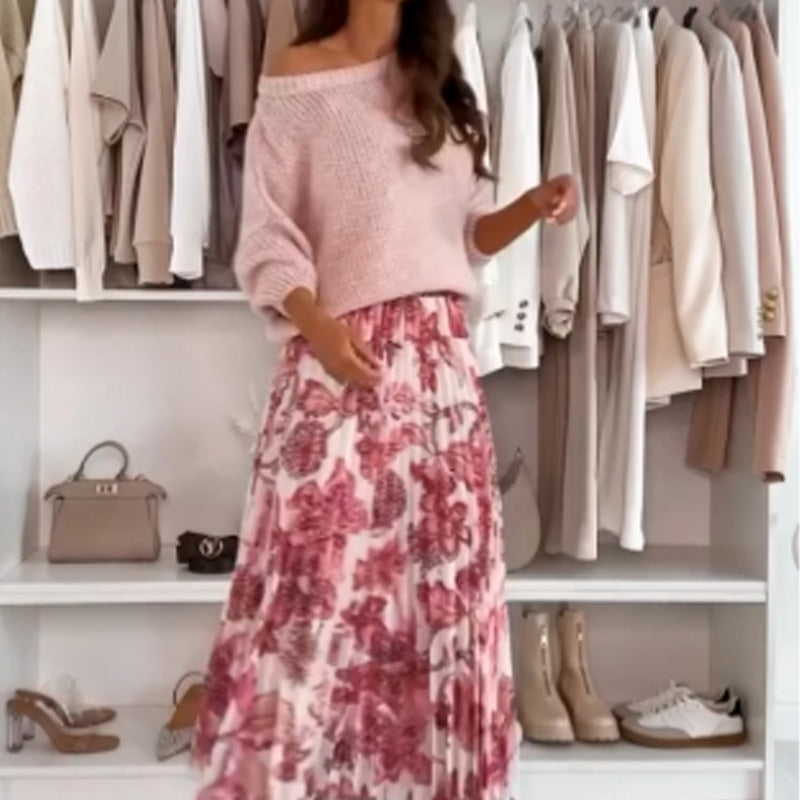 🔥Blusa de cuello redondo y falda estampada de rayas-ES