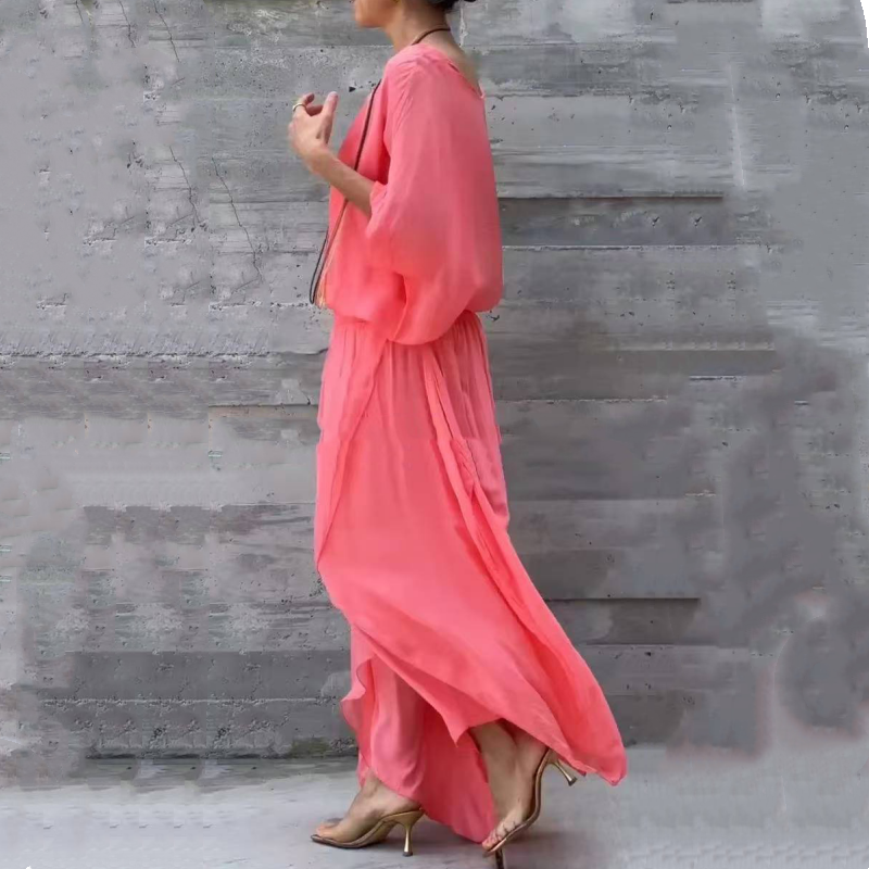 Παντελόνι σιφόν με ανοιχτό τοπ και φαρδύ πόδι, σετ 2 τεμαχίων-GR