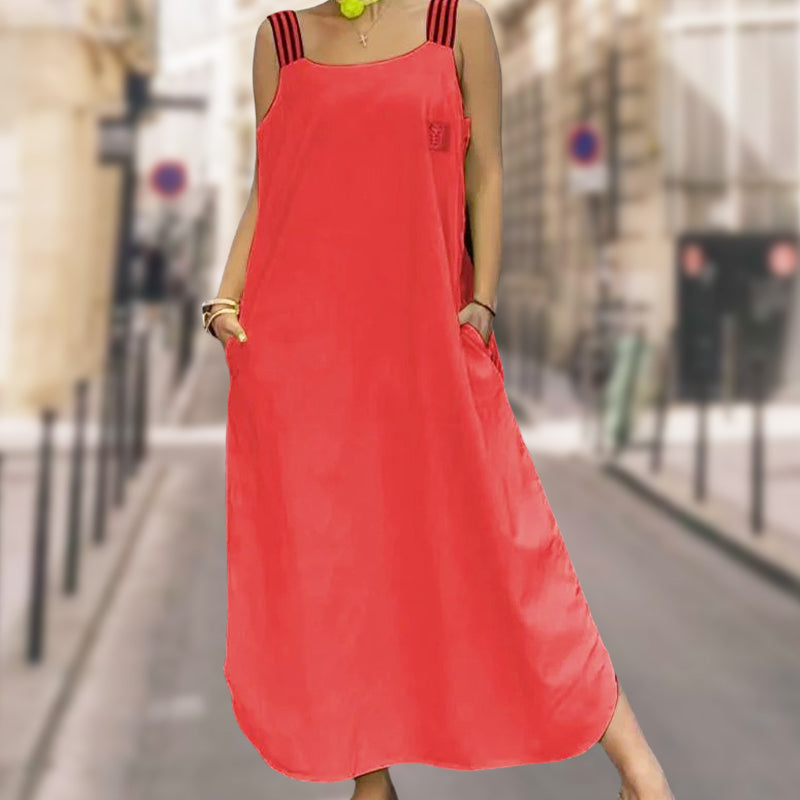 Široka maksi obleka z naramnicami in žepi - GR