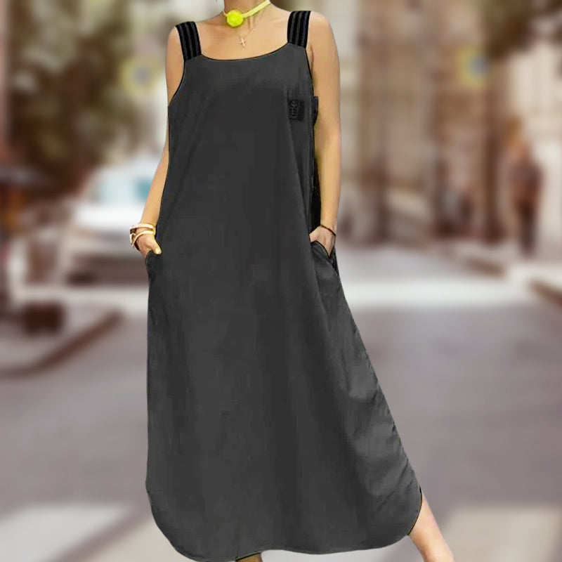 Široka maksi obleka z naramnicami in žepi - GR