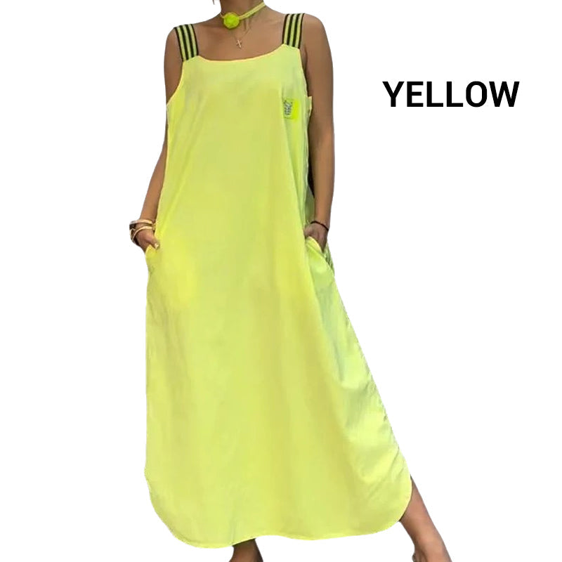 Široka maksi obleka z naramnicami in žepi - GR