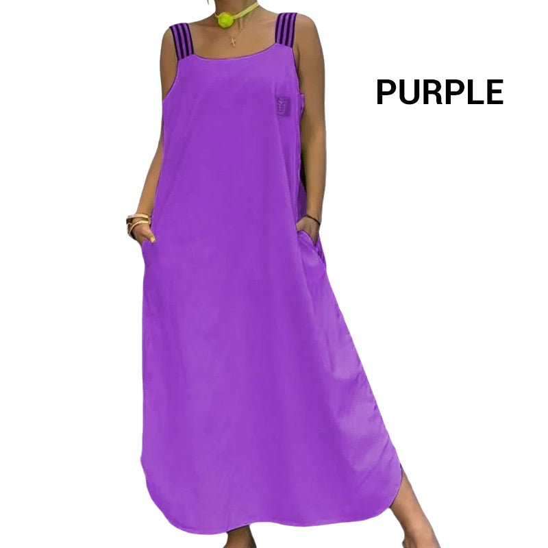 Široka maksi obleka z naramnicami in žepi - GR