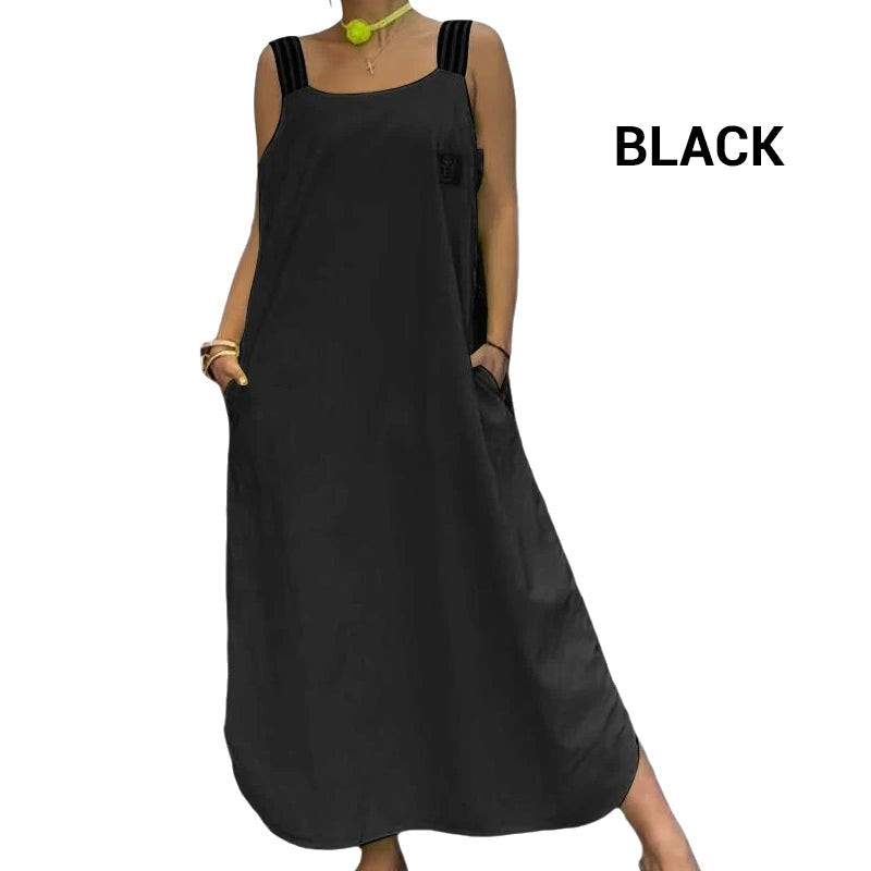 Široka maksi obleka z naramnicami in žepi - GR