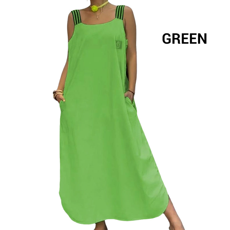 Široka maksi obleka z naramnicami in žepi - GR