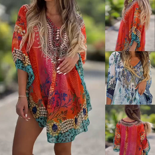 [S-5XL]🥰 Τσεχικό φαρδύ ασύμμετρο φόρεμα με λαιμόκοψη V-GR