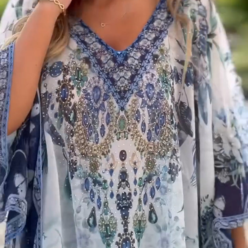 [S-5XL]🥰 Τσεχικό φαρδύ ασύμμετρο φόρεμα με λαιμόκοψη V-GR