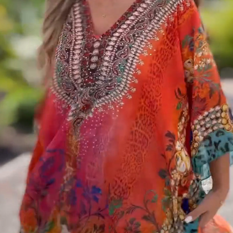 [S-5XL]🥰Čekiška laisva asimetriška suknelė V formos iškirpte-LT