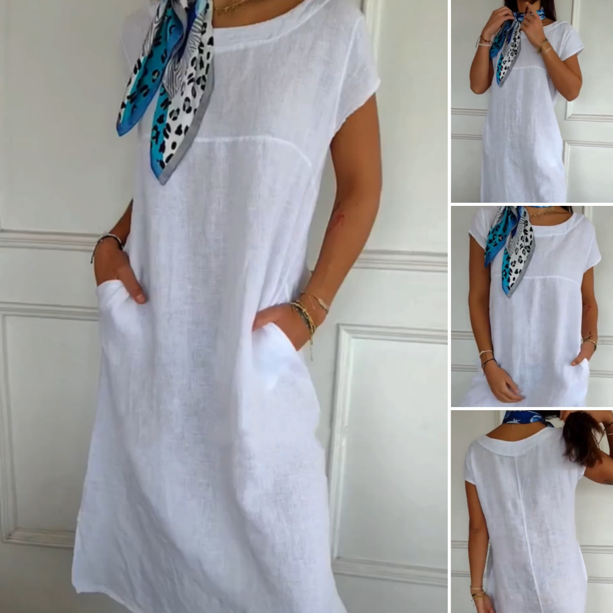 Νέο το 2025! 🔥Γυναικείο λινό φόρεμα με στρογγυλή λαιμόκοψη και κοντό μανίκι-GR
