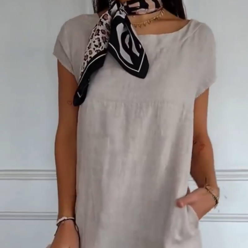 Νέο το 2025! 🔥Γυναικείο λινό φόρεμα με στρογγυλή λαιμόκοψη και κοντό μανίκι-GR